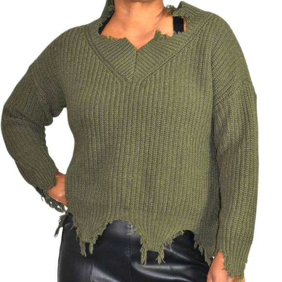 Seek the Label Distressed Sweater Olive Green Ribbed Knit Pullover Size Medium - Picture 13 of 13